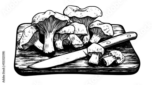 Whole chanterelle mushrooms arranged on a wooden cutting board beside a knife, Food Digital Art