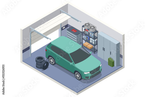 Isometric green car parked in a tidy garage with spare tires, tools, and storage shelves. Organized for vehicle maintenance and storage efficiency