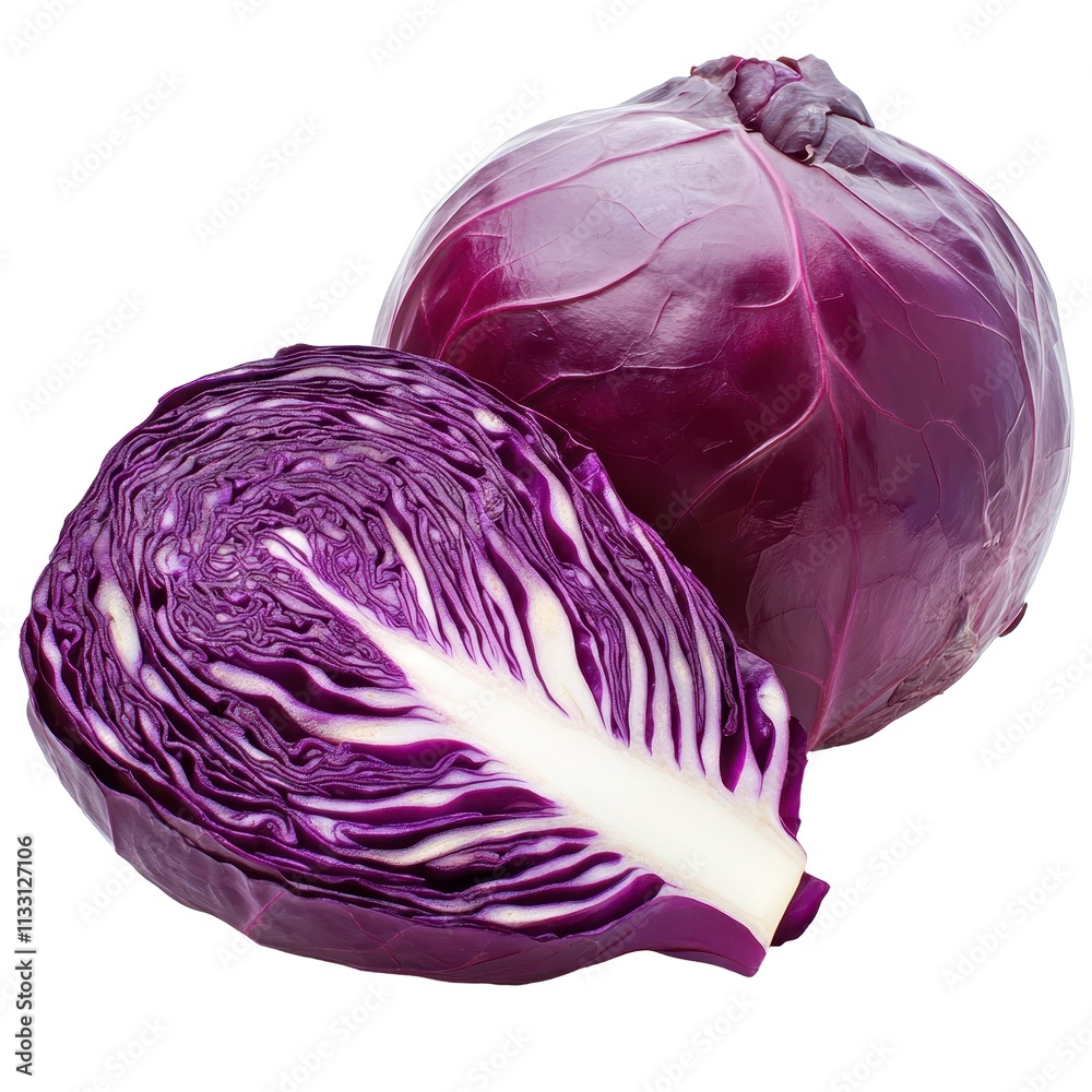 Fototapeta premium Fresh Red Cabbage, Whole and Sliced, Ready for Cooking or Salad, Isolated on White Background Cutout