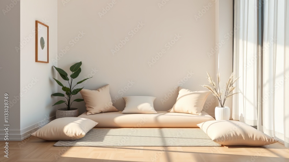 Fototapeta premium Calm Meditation Corner - Pastel Cushions Minimal Decor - Serene Morning Ambiance - AI Photo