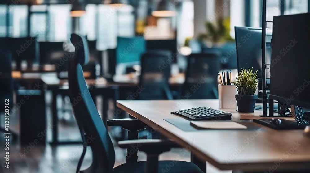 Naklejka premium Modern Ergonomic Workspace with Sleek Desk and Computer Setup
