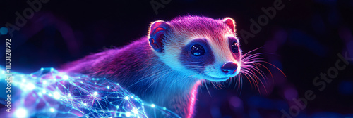 A futuristic genomic editing icon featuring a glowing ferret, symbolizing online platforms researching genetic modifications in animal health.  