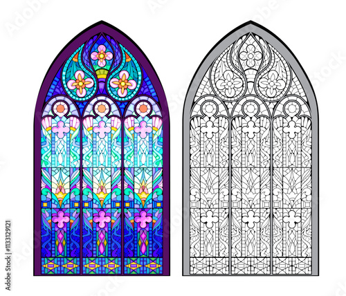 Colorful and black and white illustration of Gothic stained glass window. Coloring book for children and adults. Medieval architectural style in Western Europe. Flat vector drawing.