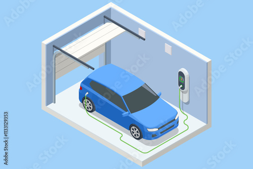Isometric blue car charging inside a garage equipped with an electric vehicle charger. A clean and eco-friendly setup for modern transportation