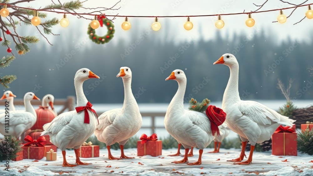 Obraz premium Christmas Goose Illustration Set - Festive Farm Clipart