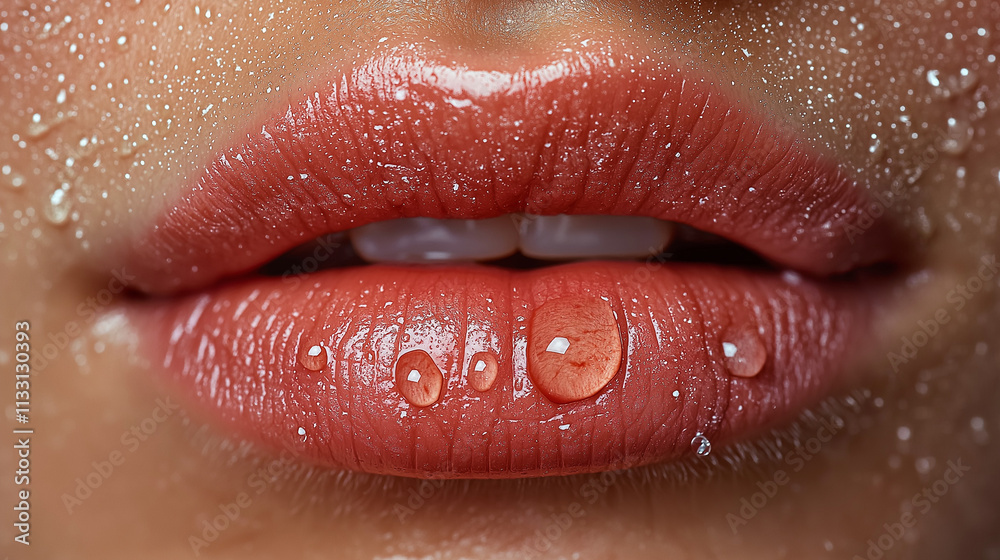 Fototapeta premium Delicate Beauty: Dewy Lips with Natural Skin Texture