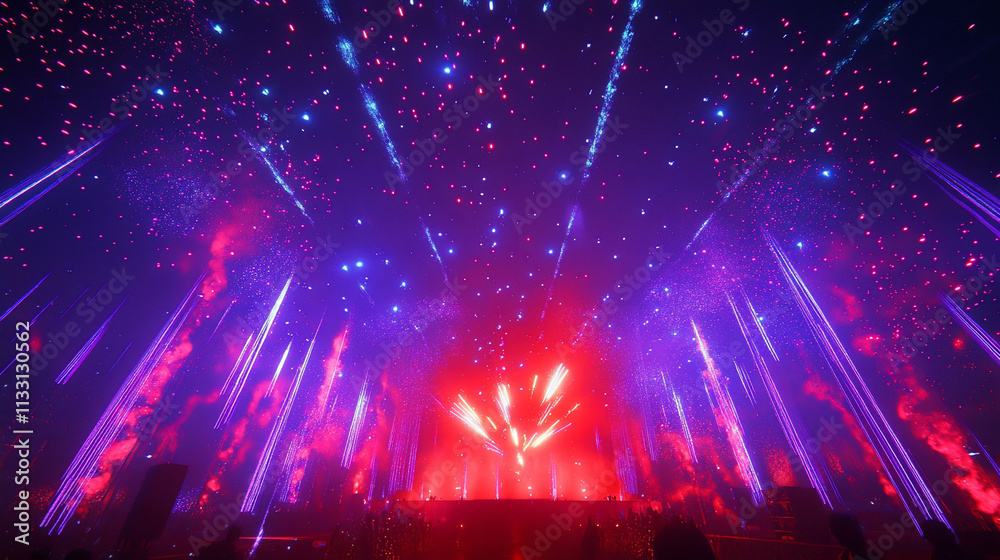 Fototapeta premium Vibrant concert scene with colorful lights and fireworks.