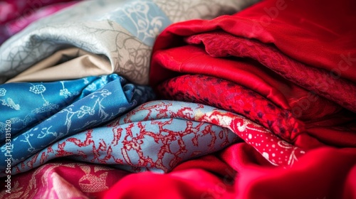 A vibrant assortment of folded fabrics in various color and patterns. photo