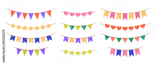 Festive garlands with different patterns. Colorful bunting and flags for holiday, anniversary, Birthday party. Carnival decoration set. Vector flat illustration isolated on white background