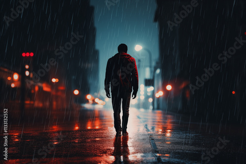 Young man walking alone on an empty road at night in the rain, with glowing streetlights illuminating the wet pavement in a quiet urban setting