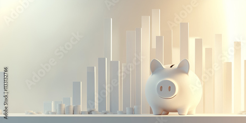 A piggy bank with a 3D bar graph growing upward from its coin slot. The bars represent increasing business profits or investment growth, with the background in soft gradients.