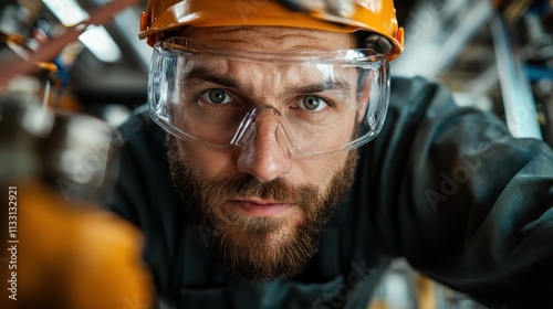 A bearded engineer carefully inspects machinery in an industrial setting, wearing an orange helmet and goggles, showcasing precision and professionalism.