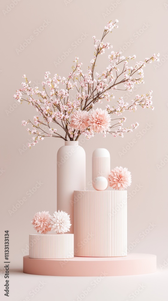 Fototapeta premium Floating pink and beige forms with floral elements create a tranquil minimalistic display
