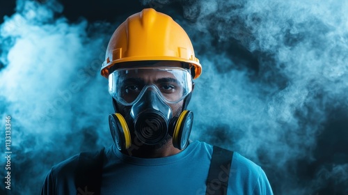 A confident worker sports a gas mask and yellow helmet while standing in a blue, smoky environment, embodying resilience, trust, and safety in industrial settings. photo