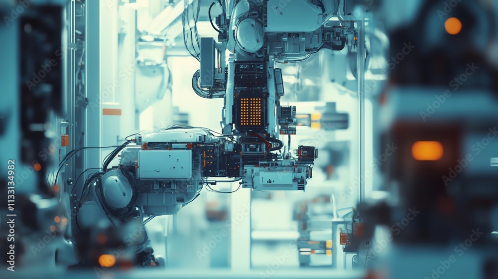 Fototapeta premium Close-up of advanced robotic machinery in a modern factory.