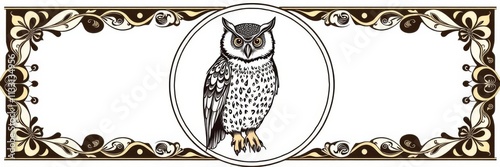 Majestic owl with intricate patterns in circular frame, frame, illustration, owl photo