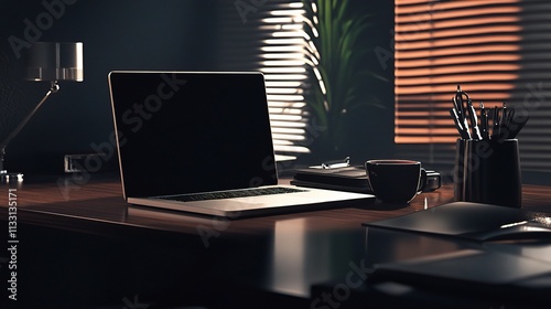 Wallpaper Mural Modern Office Desk with Laptop and Coffee in Soft Natural Light Torontodigital.ca