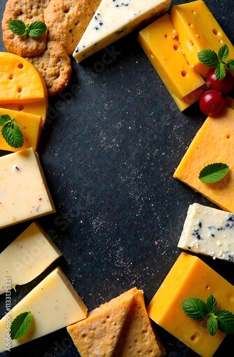 Top down view, frame for text made of different sliced ​​cheeses, pieces and slices of cheese lie around,