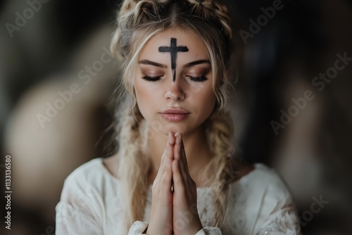 Wallpaper Mural Praying young woman wears white dress and gray ash cross during spiritual reflection Torontodigital.ca