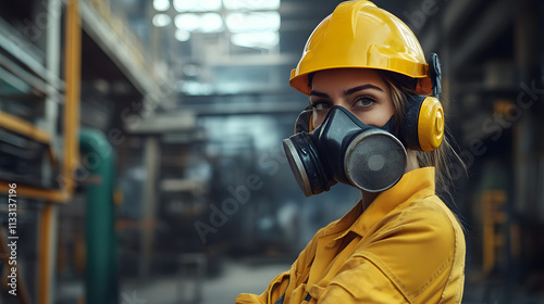 A woman adorned in a vibrant yellow helmet and protective gas mask stands confidently in a hazardous work environment. photo