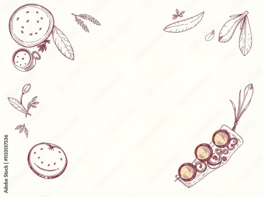 Obraz premium Middle eastern cuisine top view frame menu design with vintage hand drawn sketch of manakeesh, kebab, dolma, shawarma, and shakshouka, hand drawn, middle eastern, kebab