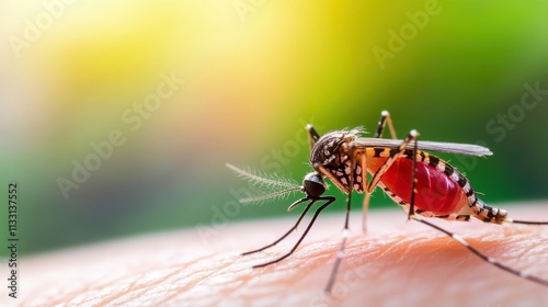 Close Up of Mosquito Feeding on Human Skin in Natural Environment