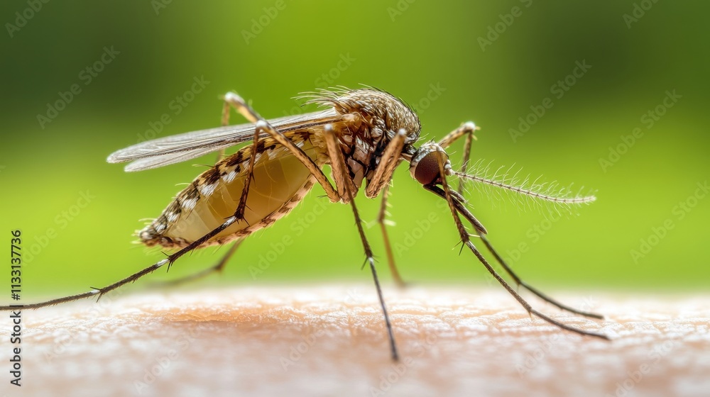 Close-Up of a Mosquito Feeding on Human Skin in Natural Environment