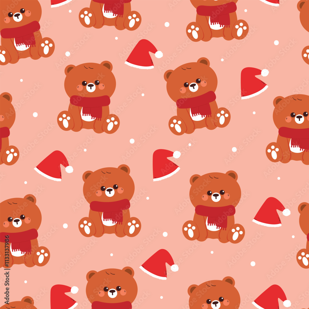 Obraz premium seamless pattern cartoon bear wearing red scarf. cute christmas and winter wallpaper for fabric print, gift wrap paper