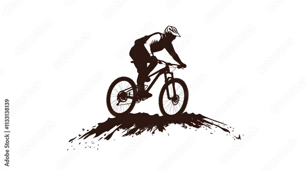 Obraz premium An outline of a mountain biker riding on a rough trail, shown with basic lines representing the bike and motion. Minimalist mountain biker icon.