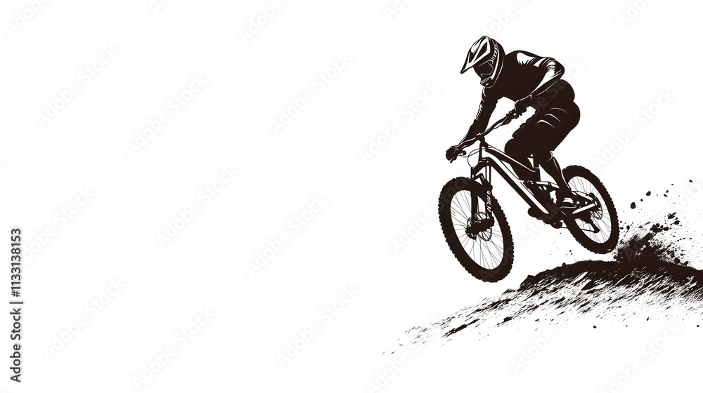 Fototapeta premium An outline of a mountain biker riding on a rough trail, shown with basic lines representing the bike and motion. Minimalist mountain biker icon.