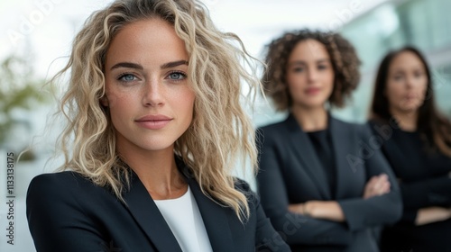 A determined woman, supported by two colleagues, exudes confidence, unity, and readiness, highlighting teamwork, professional attire, and strength in numbers in business. photo