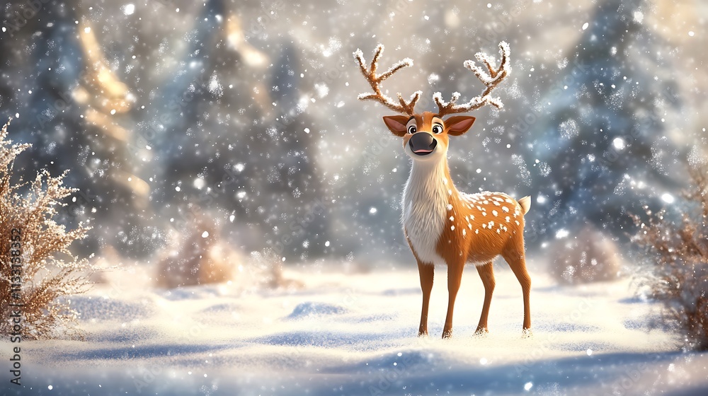 Obraz premium Cheerful cartoon reindeer standing in a snowy winter holiday setting with gentle snowfall