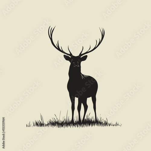 Silhouette of a majestic stag with large, standing tall in a forest clearing on a white background