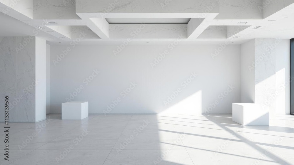 Obraz premium Minimalist white geometric boxes casting shadows on light concrete floor in contemporary interior design, interior, geometric, floor