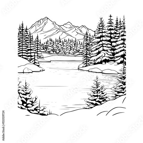 A black and white line drawing of a winter landscape with a frozen lake is surrounded by snow-covered trees and mountains. 