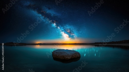 Enchanting image of a star-filled night sky over calm water, where stars are mirrored on the water’s surface, creating a celestial spectacle of breathtaking beauty. photo