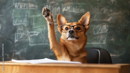 Playful Dog Wearing Glasses Sitting at Desk with Paw Raised as if Asking a Question in Classroom Setting