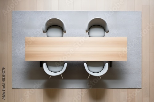 Top view of wood tables and chairs. Modern minimalist workplace photo