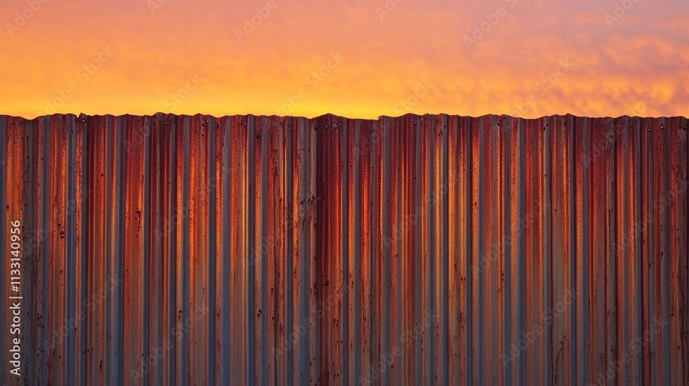 Fototapeta premium A colorful sunset behind a corrugated metal fence, showcasing vibrant hues in the sky.