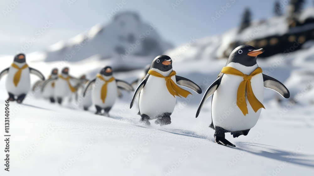 Fototapeta premium Group of Playful Penguins Wearing Colorful Ties Sliding on Snowy Landscape in Winter Wonderland Adventure