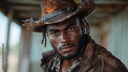 A young cowboy with determined expression stands in rustic setting, his rugged hat showing age and wear, embodying the spirit of the Old West's adventurous life. photo