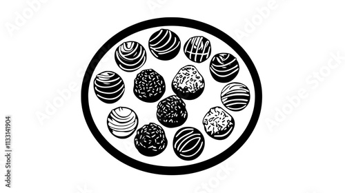 Assorted truffles arranged in a circle on a serving platter, Vectorized Food Art