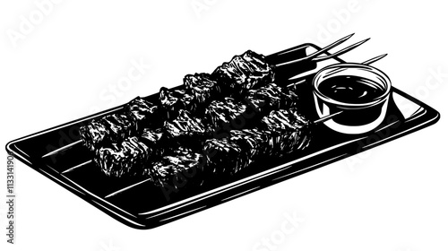 Beef kebabs displayed on a long plate, aligned with dipping sauce, Vectorized Food Art