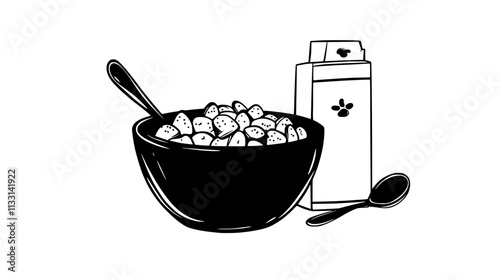 Bowl of cold cereals next to an unopened milk carton and spoon, Vectorized Food Art