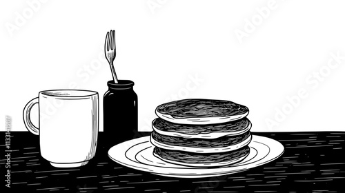 Breakfast table setting with a stack of buttermilk pancakes on one plate, Vectorized Food Art