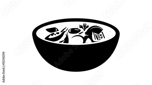 Chowder soup served in a dish with seafood, potatoes, and vegetables, Vectorized Food Art