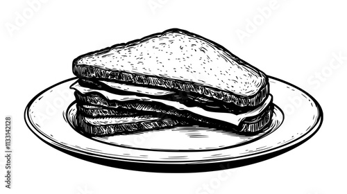 Close-up of a classic deli sandwich cut in half on a white ceramic dish, Vectorized Food Art