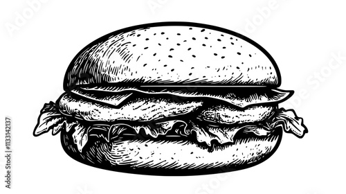 Close-up of a chicken burger with visible layers, resting on a simple background, Vectorized Food Art