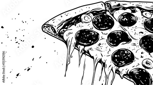 Close-up of pepperoni pizza slice being lifted, showing toppings in detail, Vectorized Food Art
