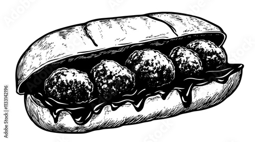 Close-up of meatball sub showing meatballs and sauce in roll, Vectorized Food Art